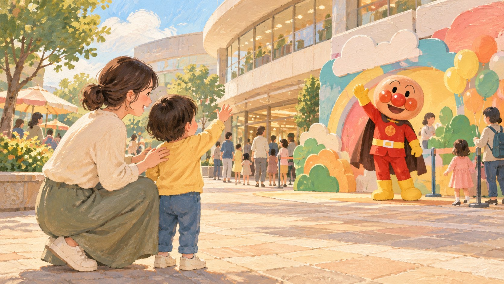 原創情境插畫:家長蹲下陪孩子向遠處的麵包超人人偶揮手,非實際活動現場。