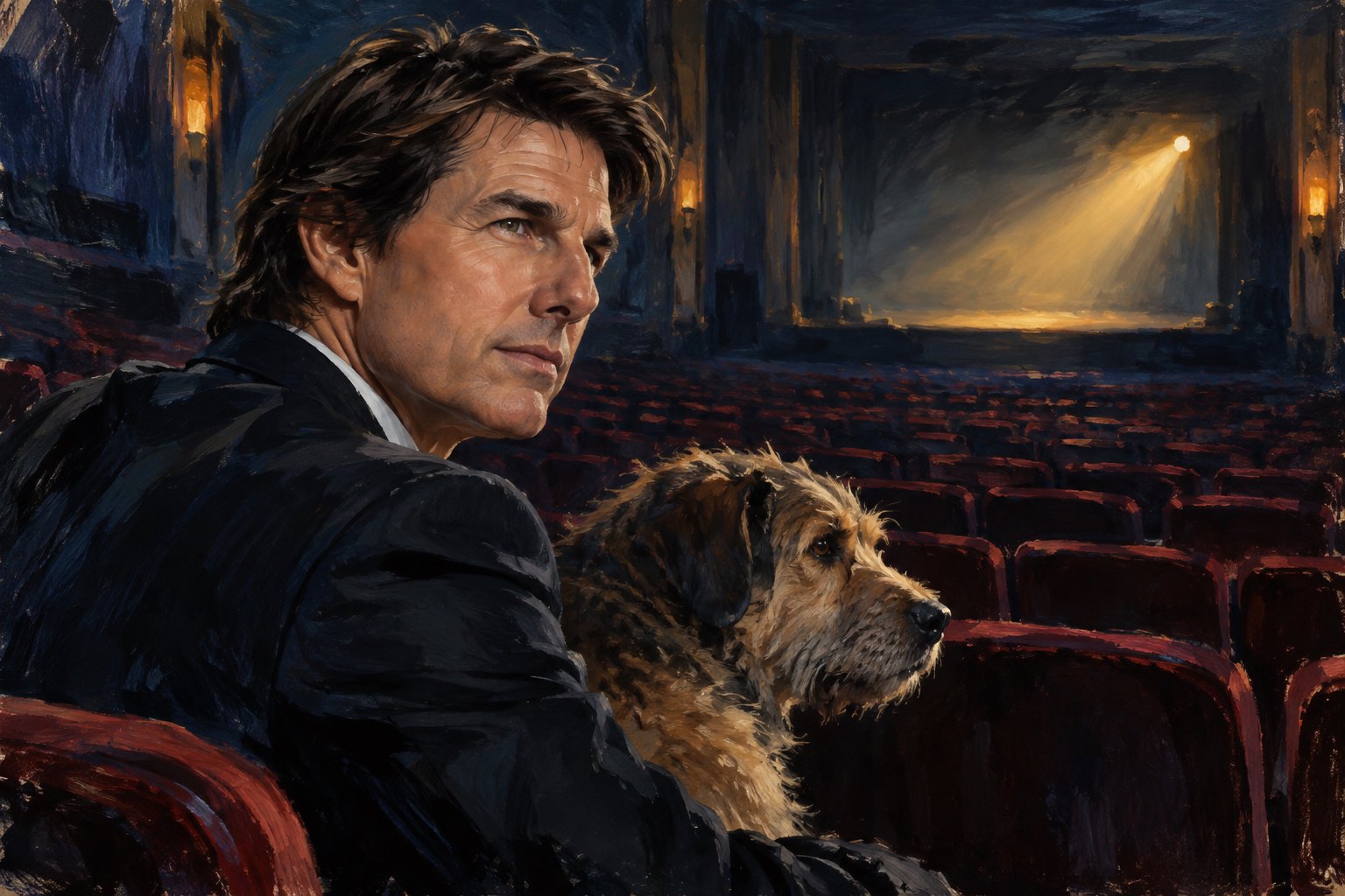 Painterly editorial portrait of Tom Cruise in a dark suit against an empty cinema with distant golden light.