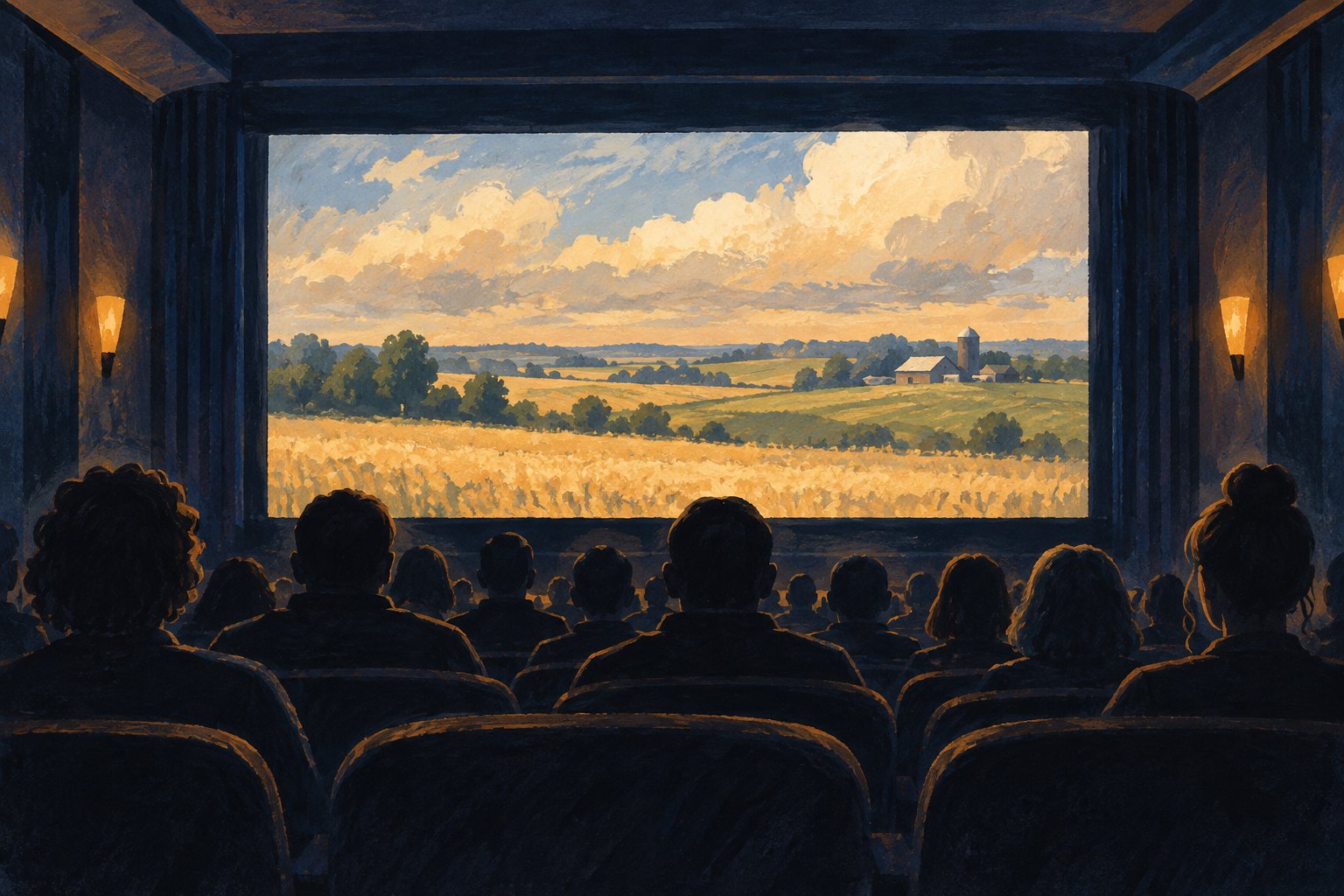 Conceptual illustration of an audience watching a rural landscape on the screen of a small community cinema.