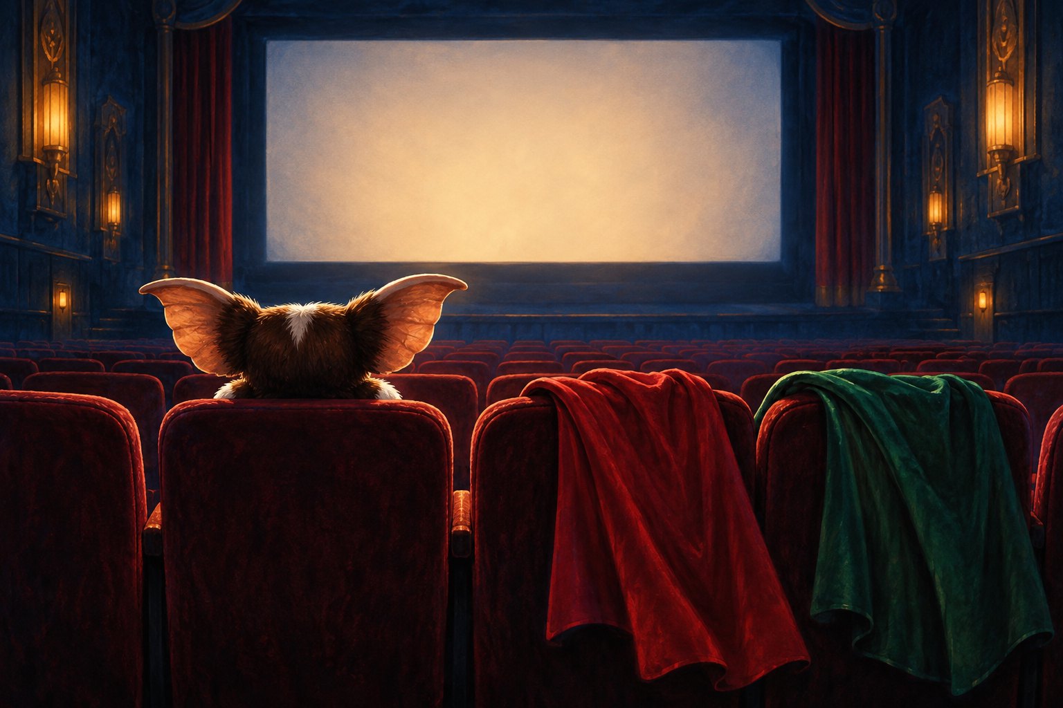 A long-eared furry creature faces a blank movie screen beside empty red theater seats draped with red and green capes.