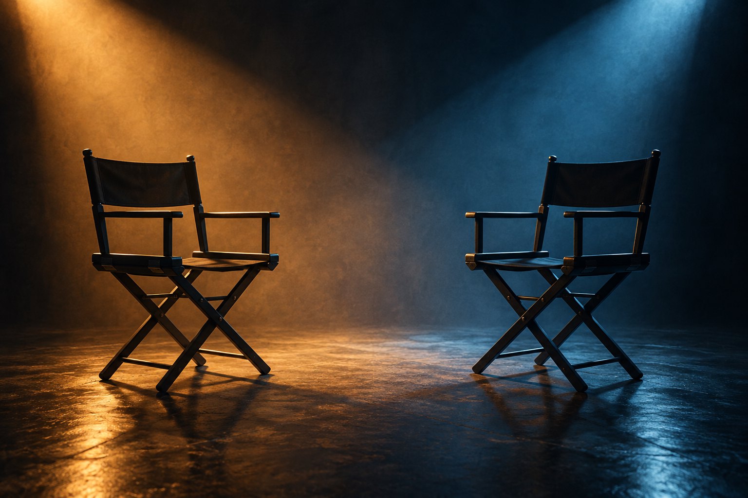 Two empty black director chairs face each other beneath amber and blue spotlights in a dark studio.