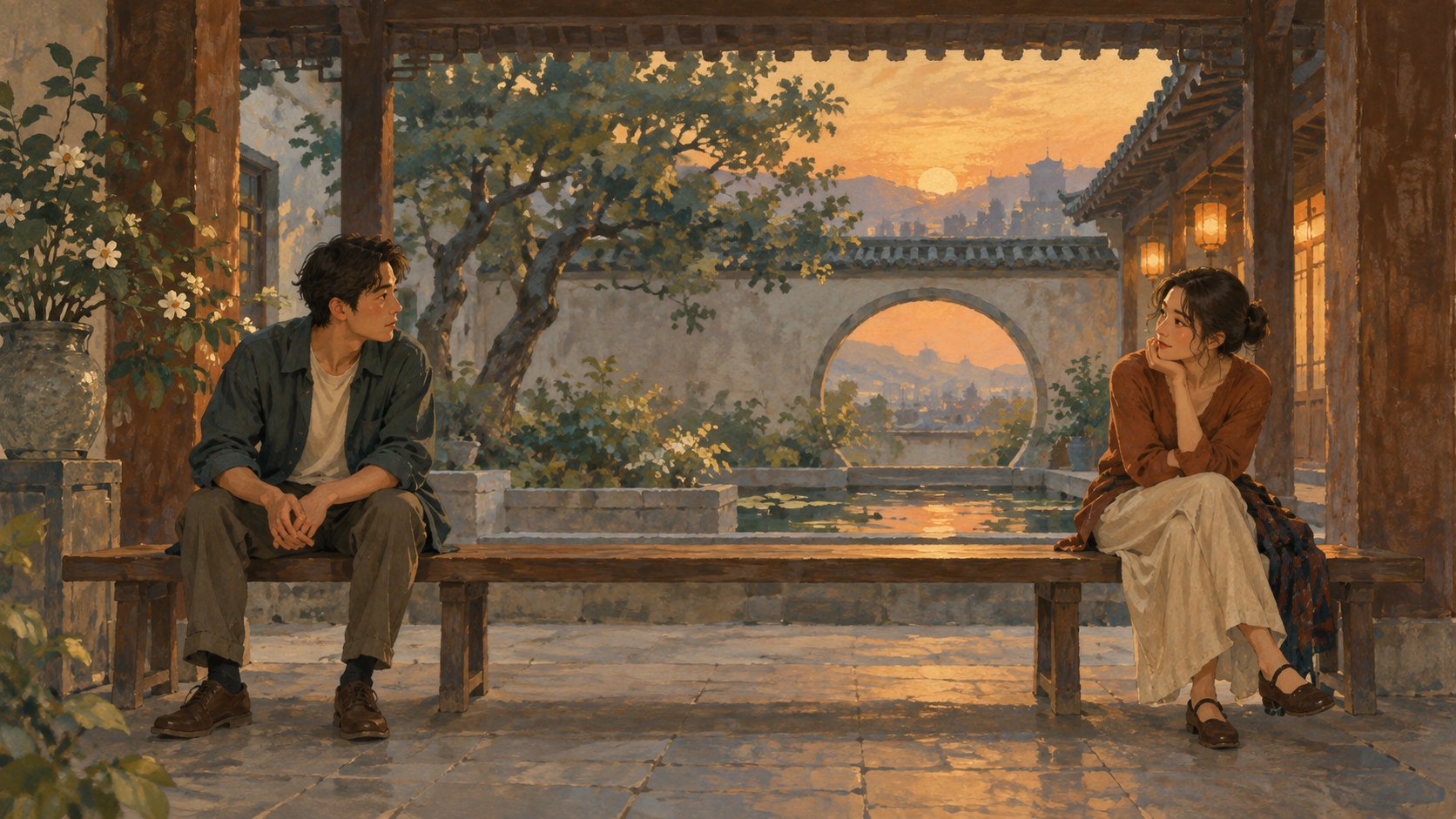 原創概念插畫:暮色庭院中,兩名成年人坐在長椅兩端,轉身聆聽彼此