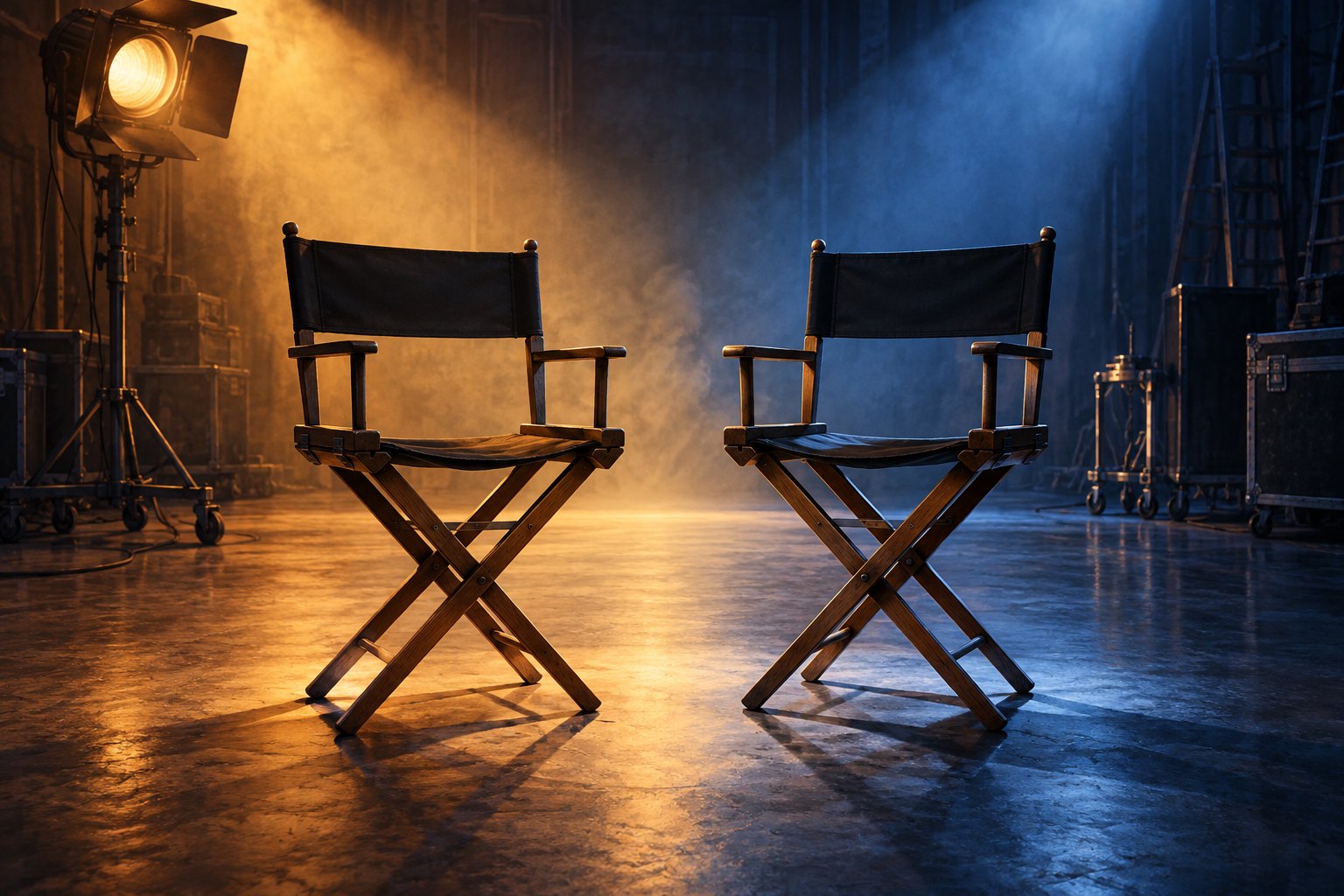 Conceptual illustration of two empty actors’ chairs on a soundstage divided by amber and blue light.
