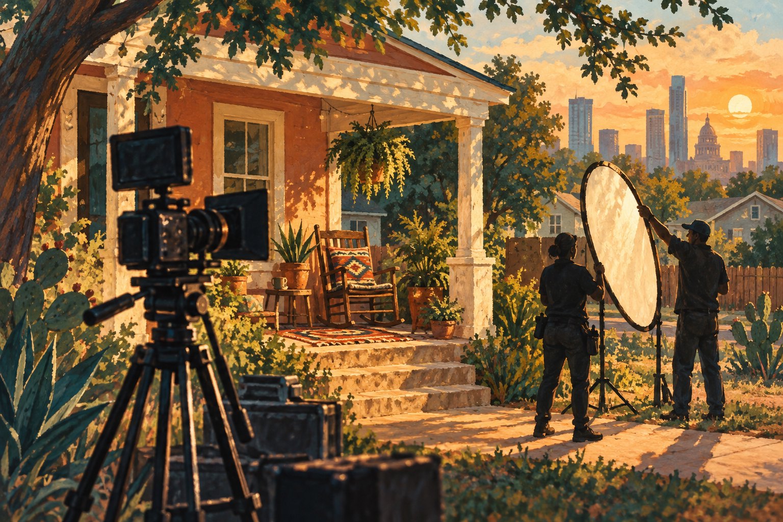 Editorial illustration of a camera and small film crew preparing a neighborhood porch scene in warm afternoon light.