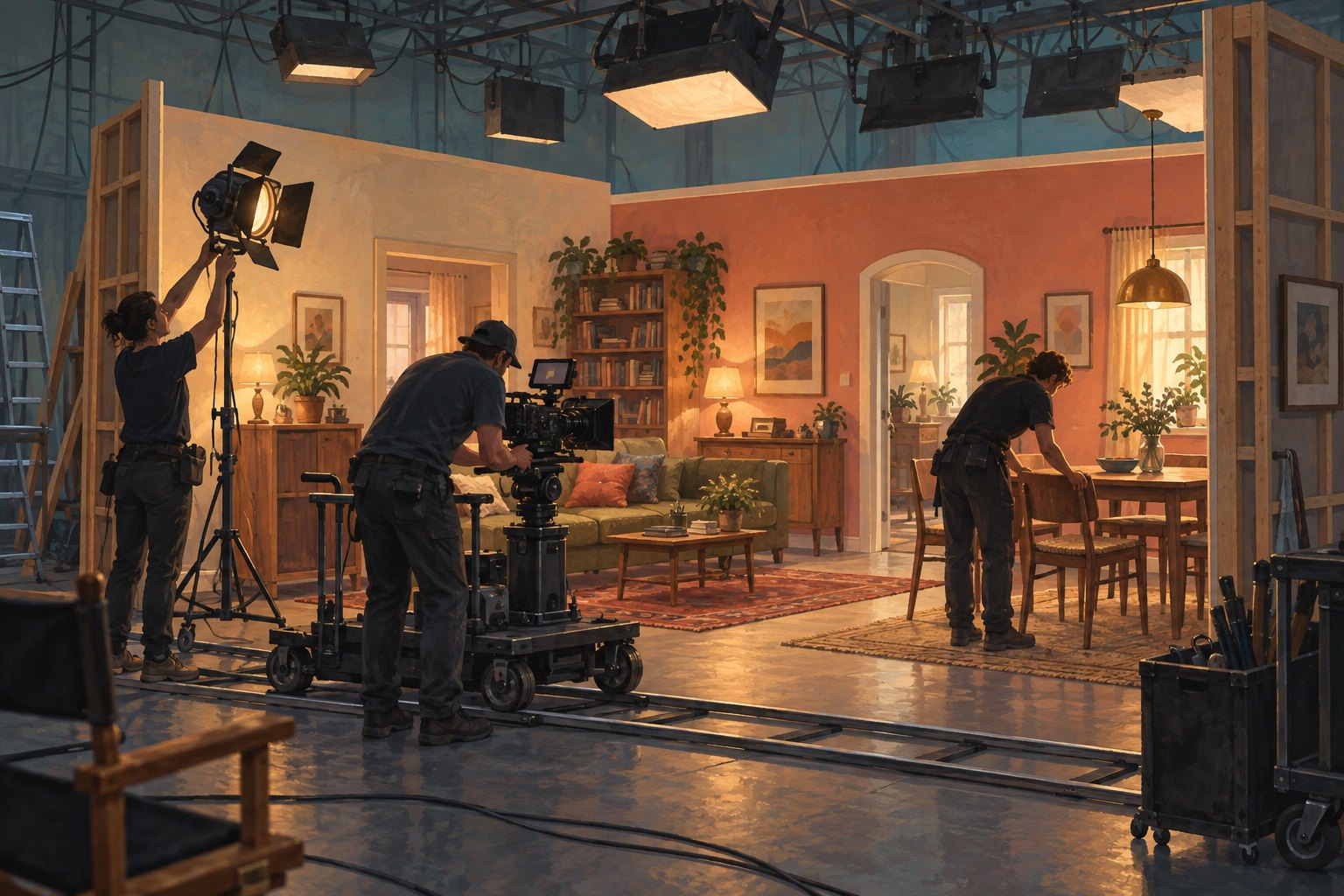 Illustration of three film crew members preparing lighting, a camera, and furniture on an apartment set.