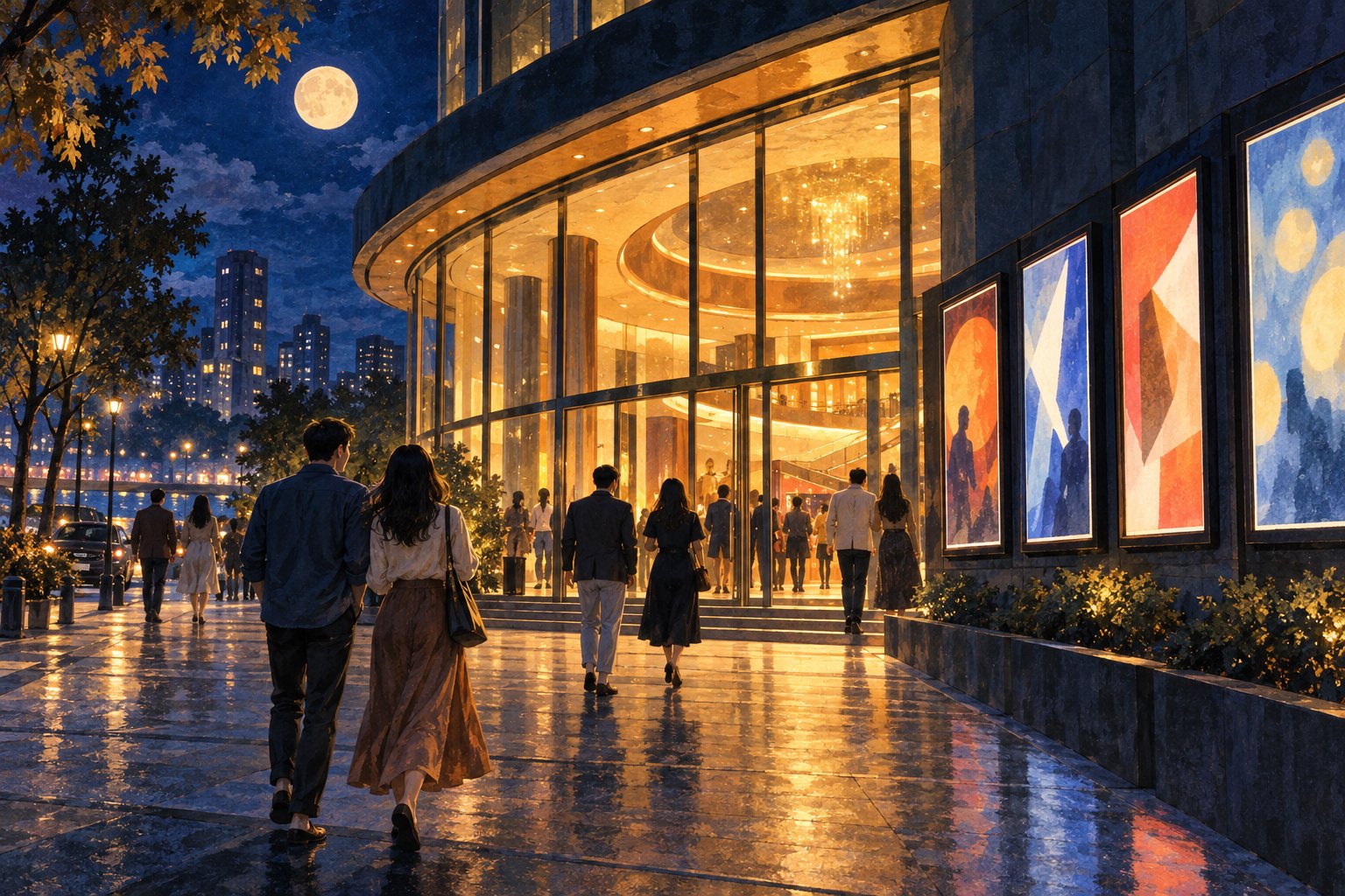 中秋圆月下,观众走向灯光温暖的电影院,入口两侧排列着抽象海报灯箱