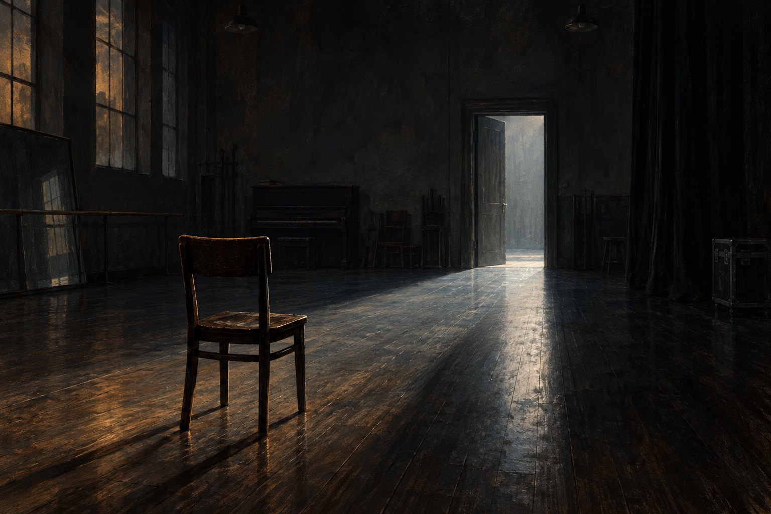 Conceptual illustration of an empty wooden chair facing an illuminated doorway in a dark rehearsal room.