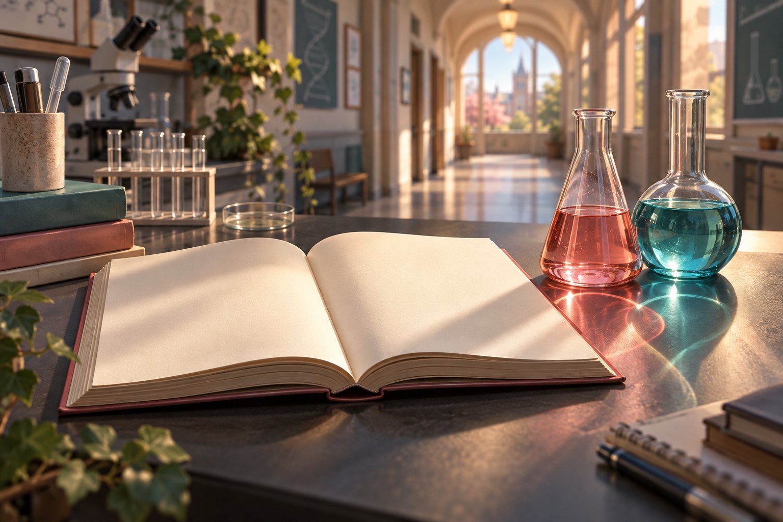 Conceptual illustration of an open blank book and laboratory glassware beside a sunlit academic corridor.