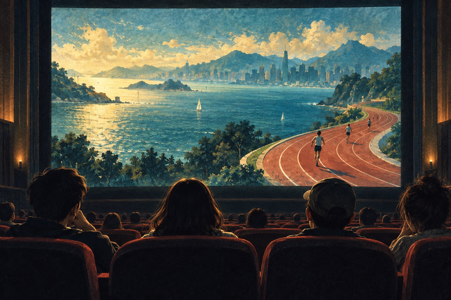 观众在影院观看海湾与跑道交织的银幕画面，体育纪录电影主题插画，非影片剧照