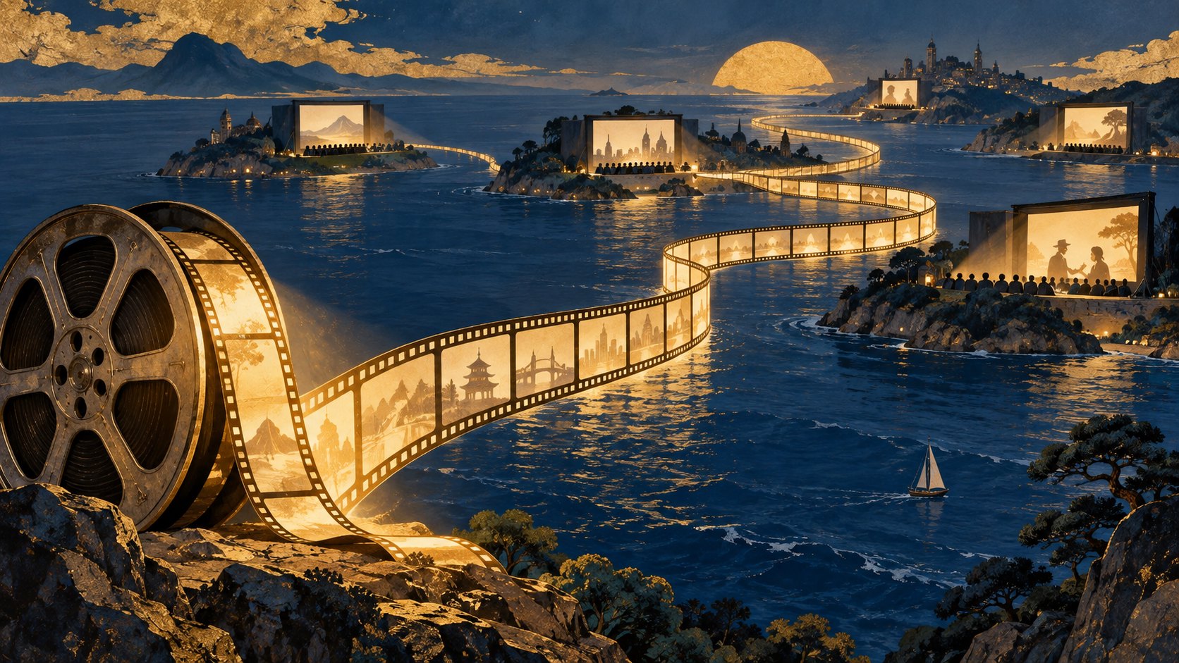 原創概念插畫：電影膠卷化為跨海光橋，連接不同岸邊的銀幕與觀眾