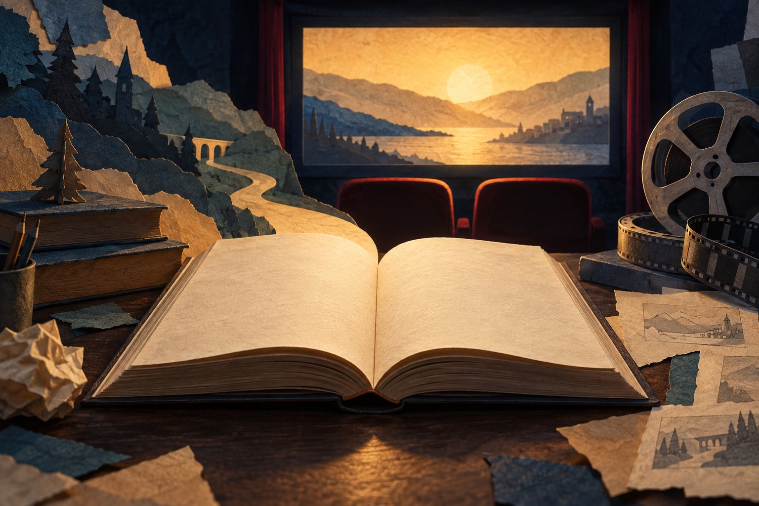 Paper-collage illustration of an open blank book facing two theater seats and a glowing cinema screen.