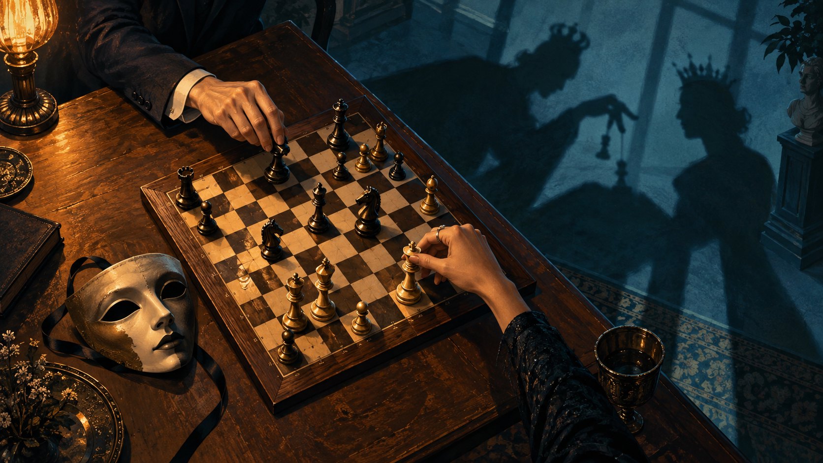 兩雙手隔著棋盤交鋒,桌旁面具與牆上陰影象徵角色的算計與隱藏動機,為原創概念插畫。