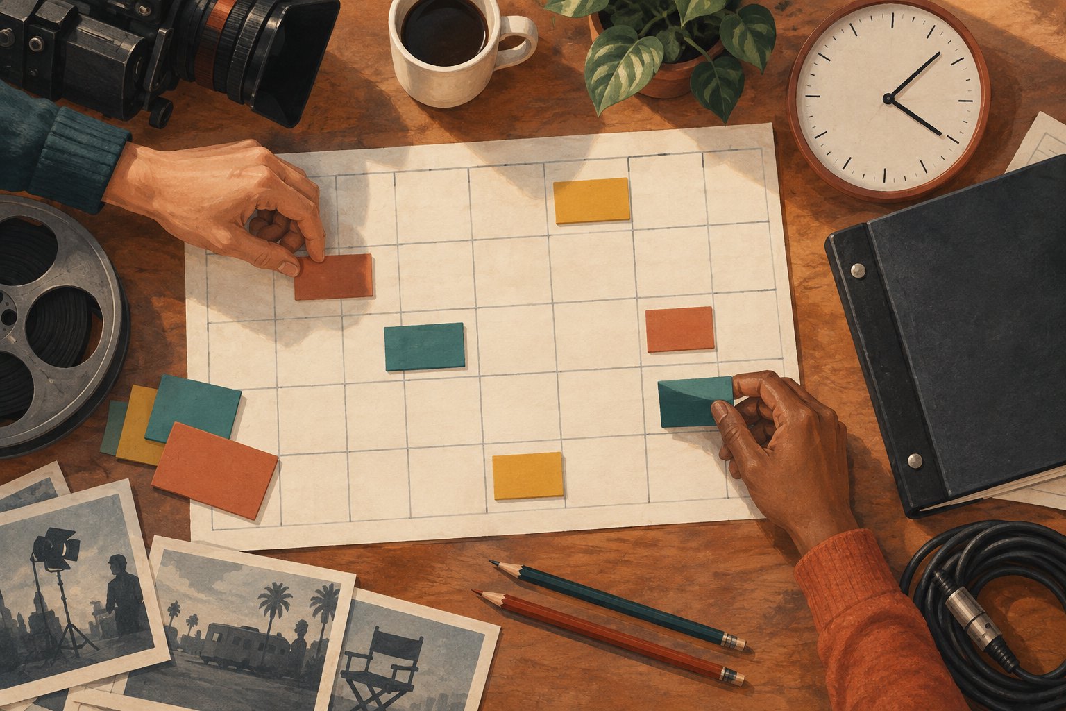Illustration of hands arranging colored markers on a blank production calendar beside a clock, binder, and film equipment.