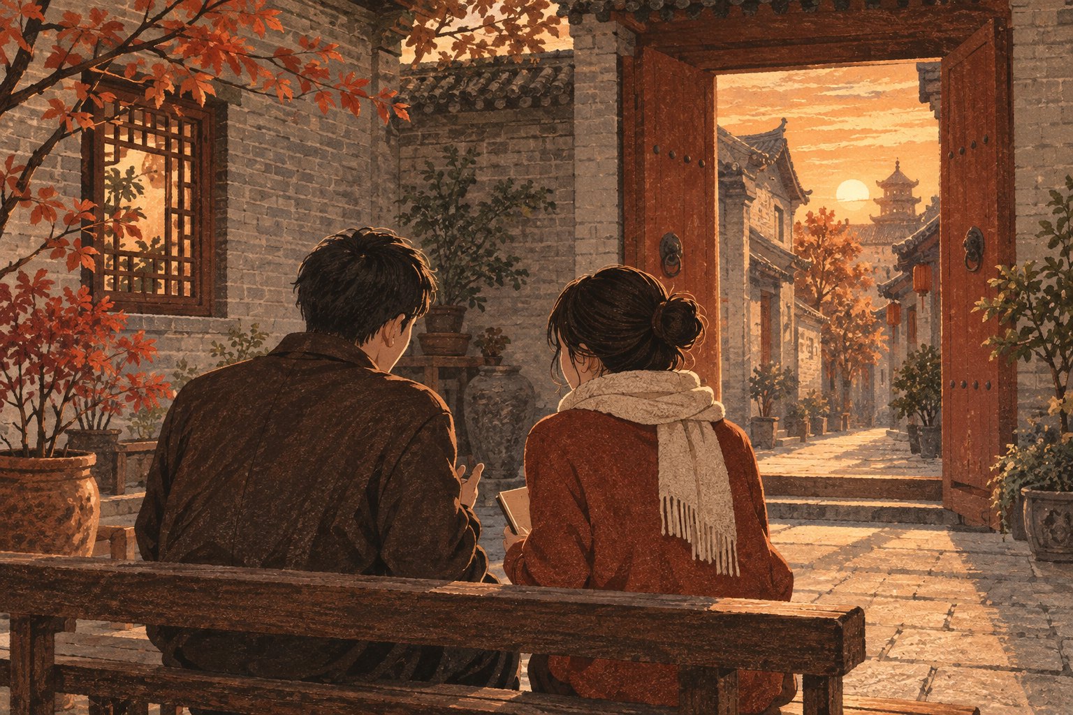 两位观众在灰砖小院长凳上交流,院门外是落日街巷的概念插画