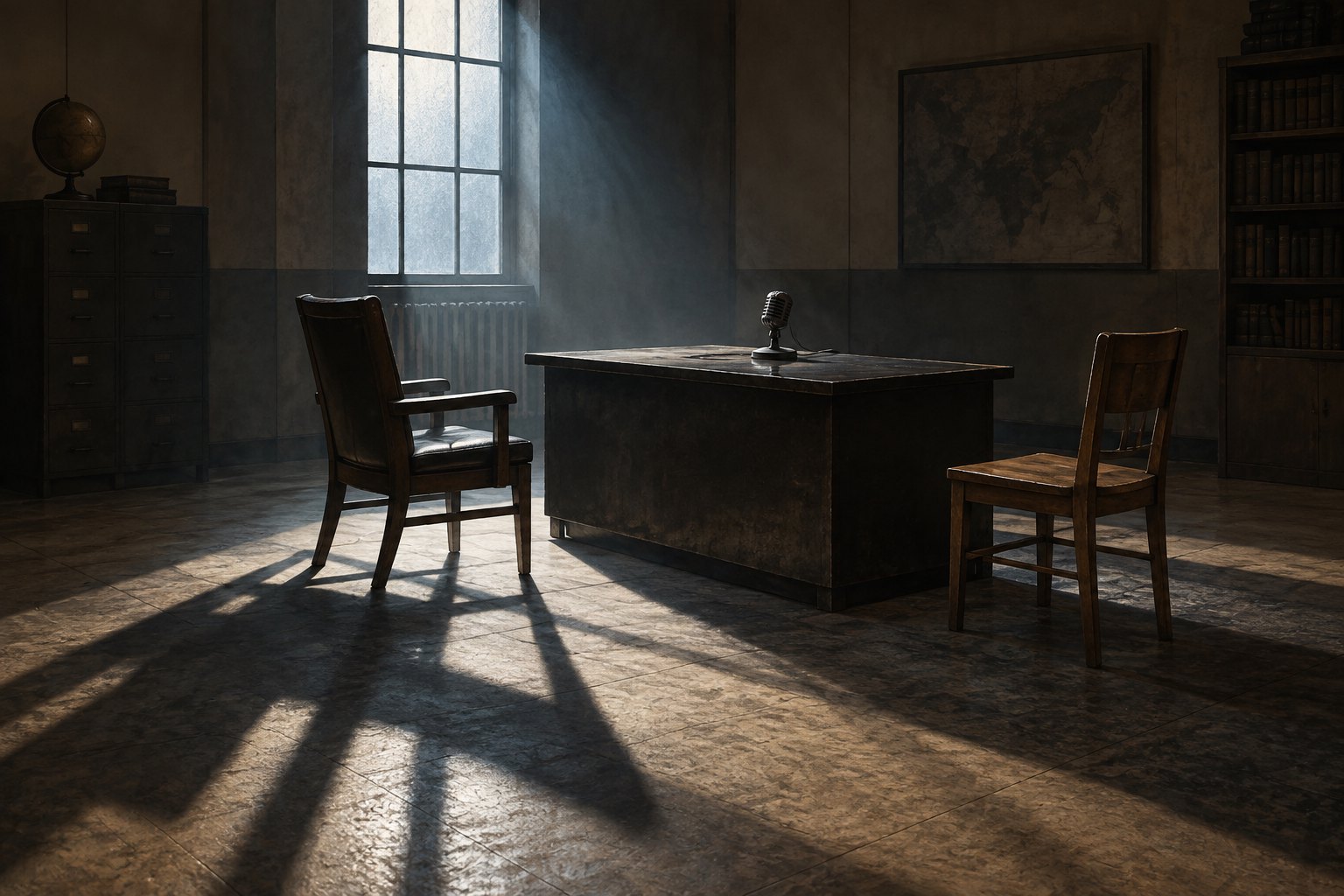 Conceptual illustration of two empty wooden chairs facing a desk and microphone in a shadowy academic interview room.