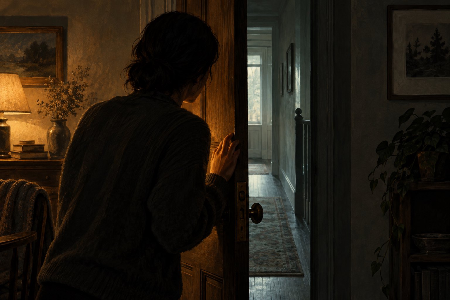 Conceptual illustration of a person cautiously looking through a partly open door into a dim hallway.