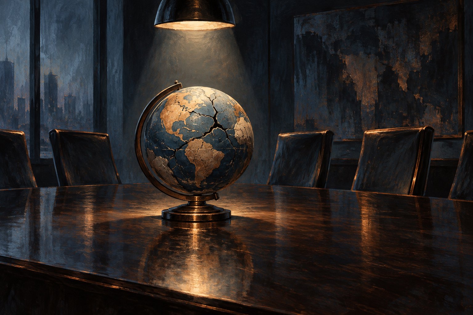Conceptual illustration of a cracked globe under a spotlight on an empty boardroom table.