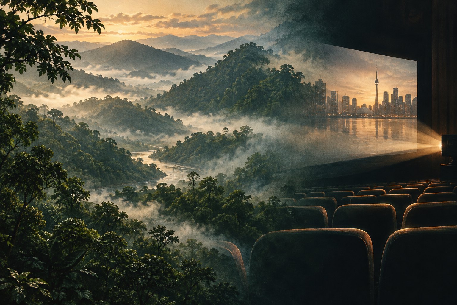 Conceptual illustration of misty green hills merging with cinema seats and a projector beam.