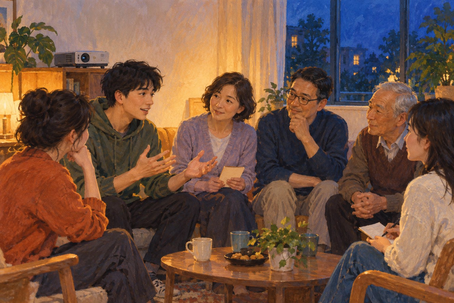 不同年龄的居民围坐交流观影感受的概念插画，非活动现场