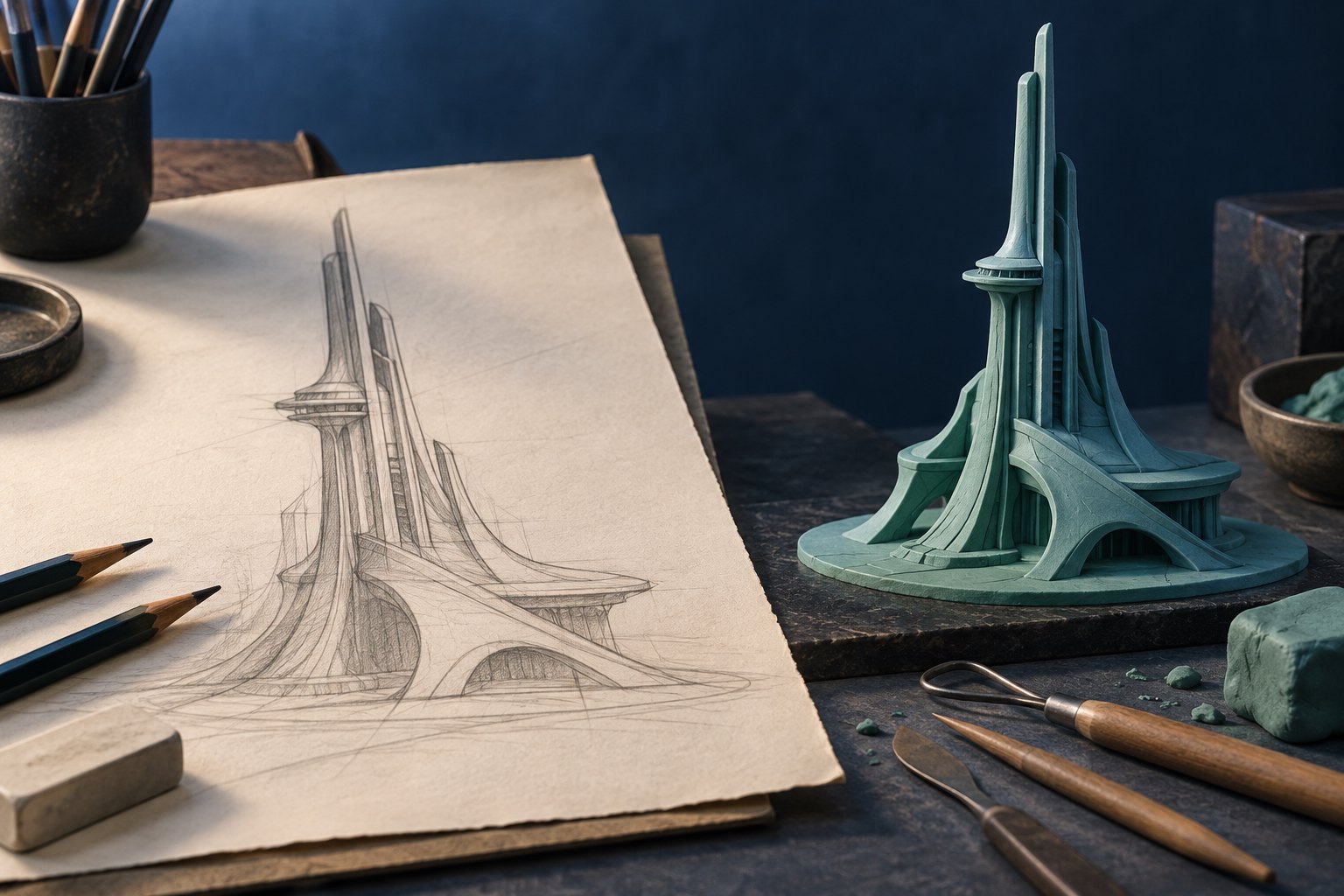 Conceptual illustration pairing a pencil drawing of a futuristic tower with a dimensional teal model on an animator’s worktable.