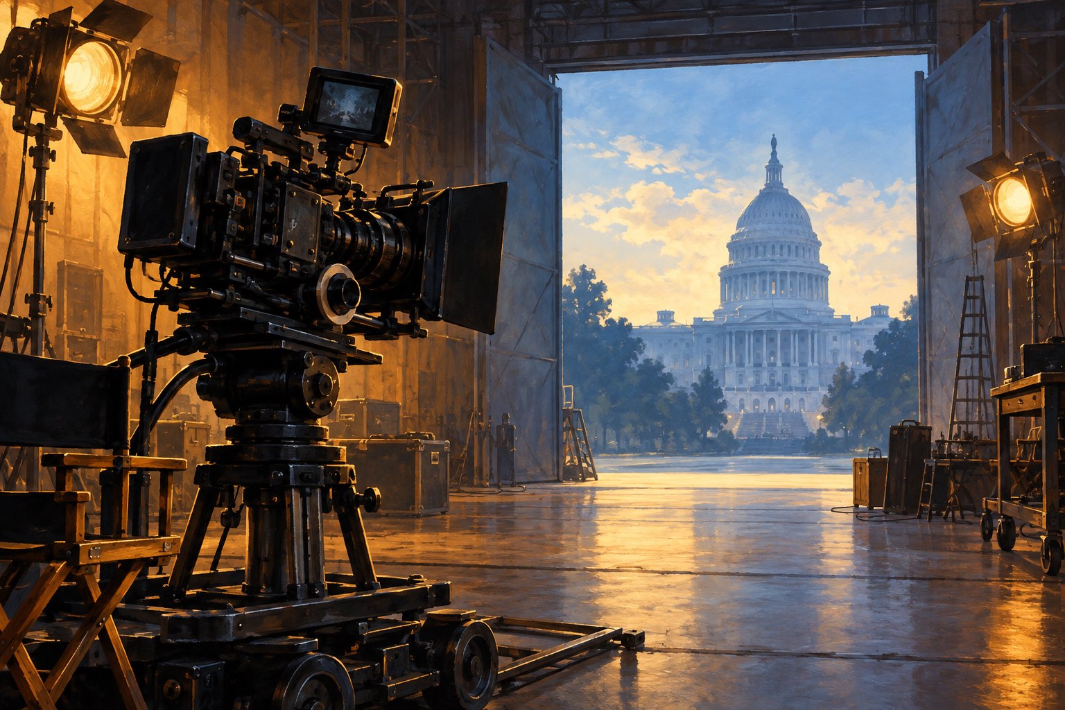 Conceptual illustration of a cinema camera inside a soundstage with the U.S. Capitol visible beyond the studio doors.