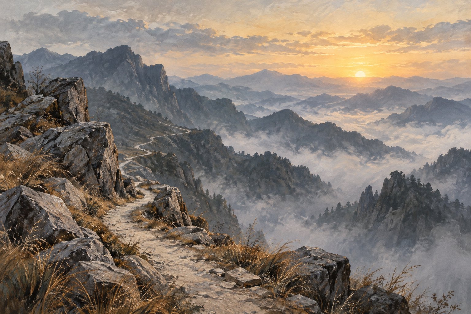 晨光照亮雾中群山与蜿蜒山路的主题插画,非电影剧照