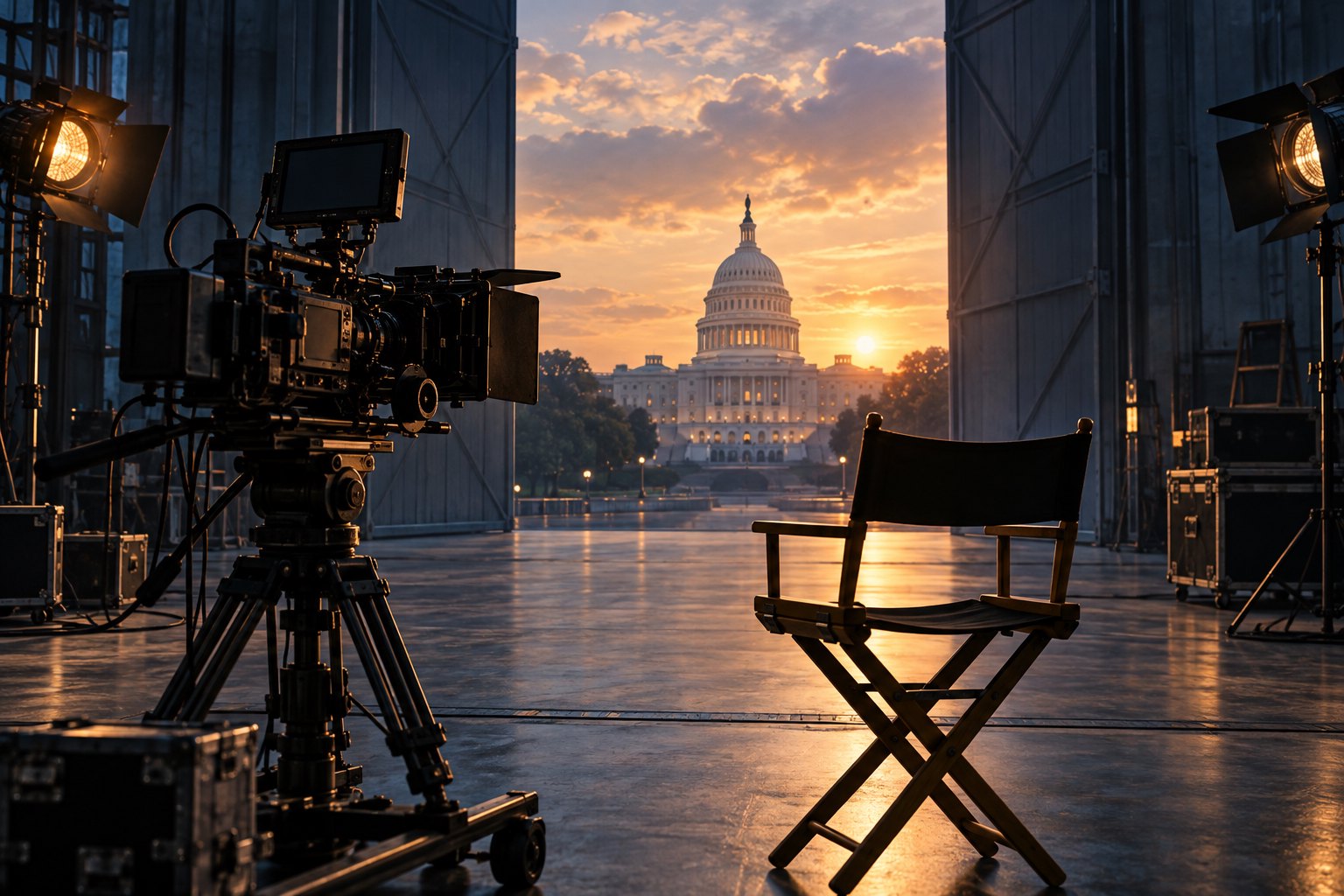 Editorial illustration of a cinema camera and director’s chair inside a soundstage overlooking the U.S. Capitol.