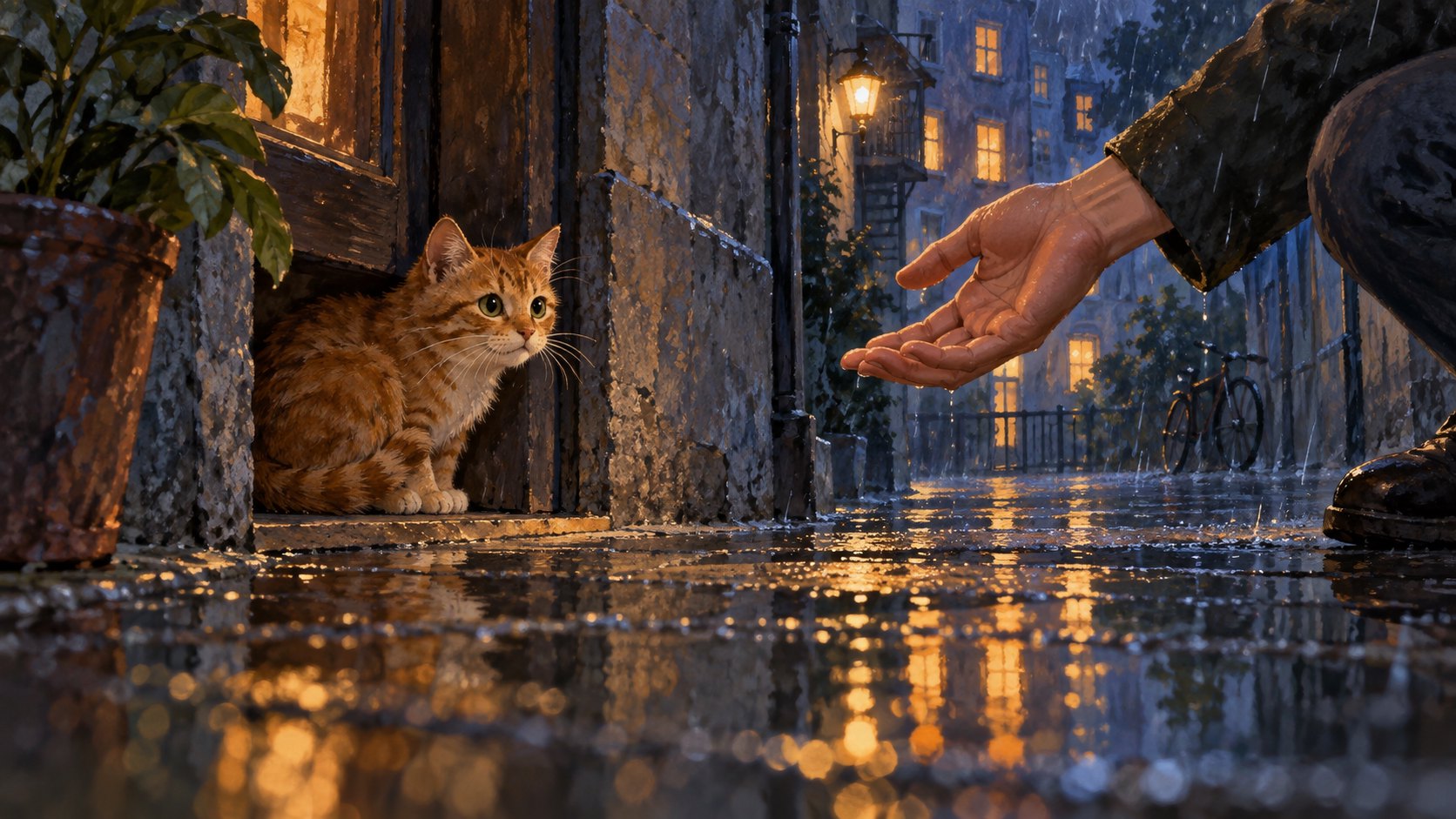 雨夜巷弄裡,橘貓蹲在門邊注視伸來的手,以原創插畫呈現信任與靠近的瞬間
