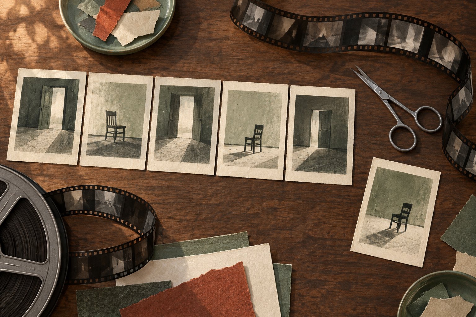 Paper-collage illustration of storyboard cards, editing scissors, and curling film strips on a wooden table.