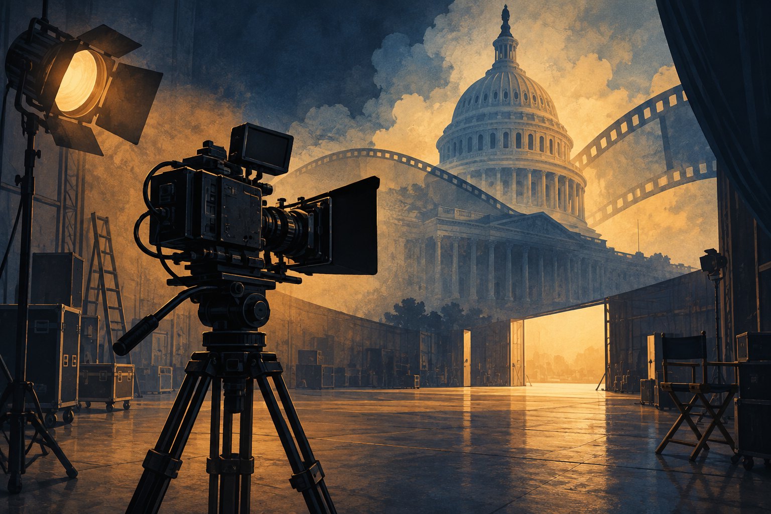 Editorial illustration of a cinema camera on a soundstage with a Capitol-inspired architectural silhouette behind it.