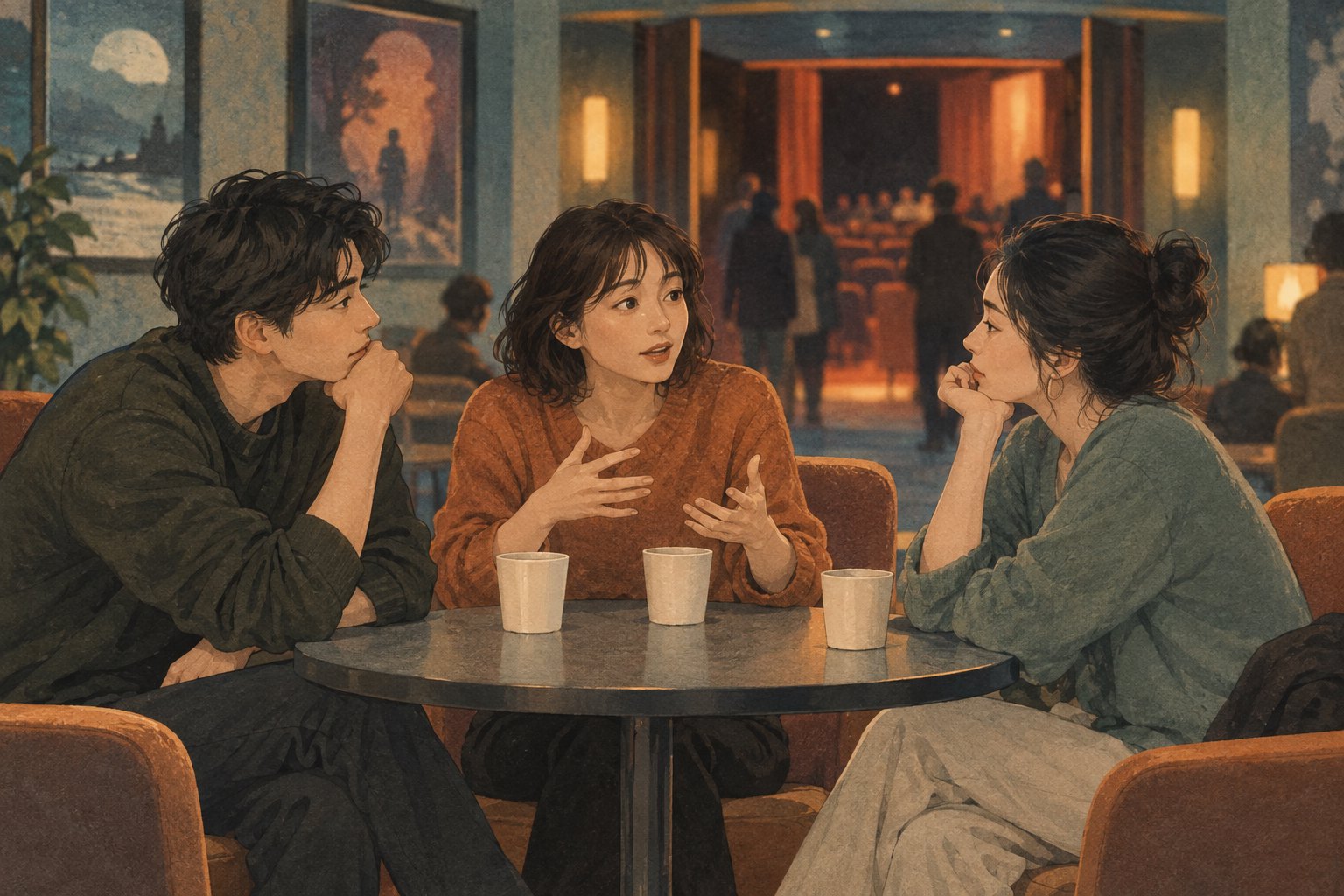 概念插画:三位观众围坐影院休息区圆桌,交流各自的观影感受
