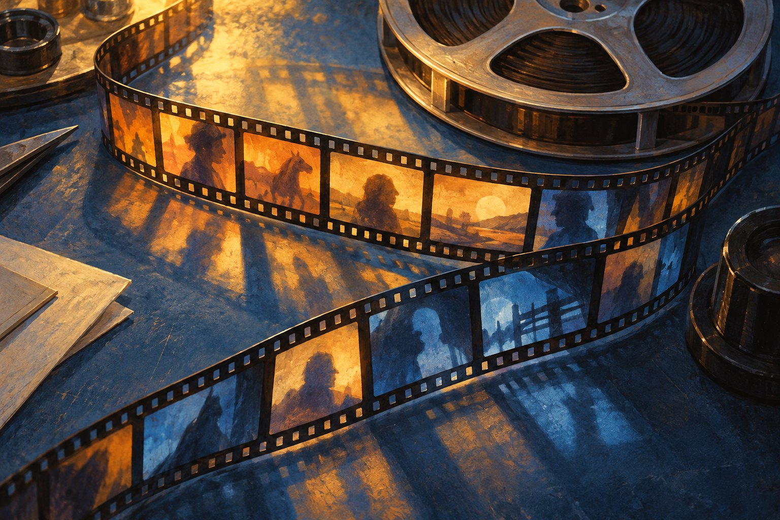 Conceptual illustration of curling film strips and a metal reel on an editing table illuminated in amber and blue.