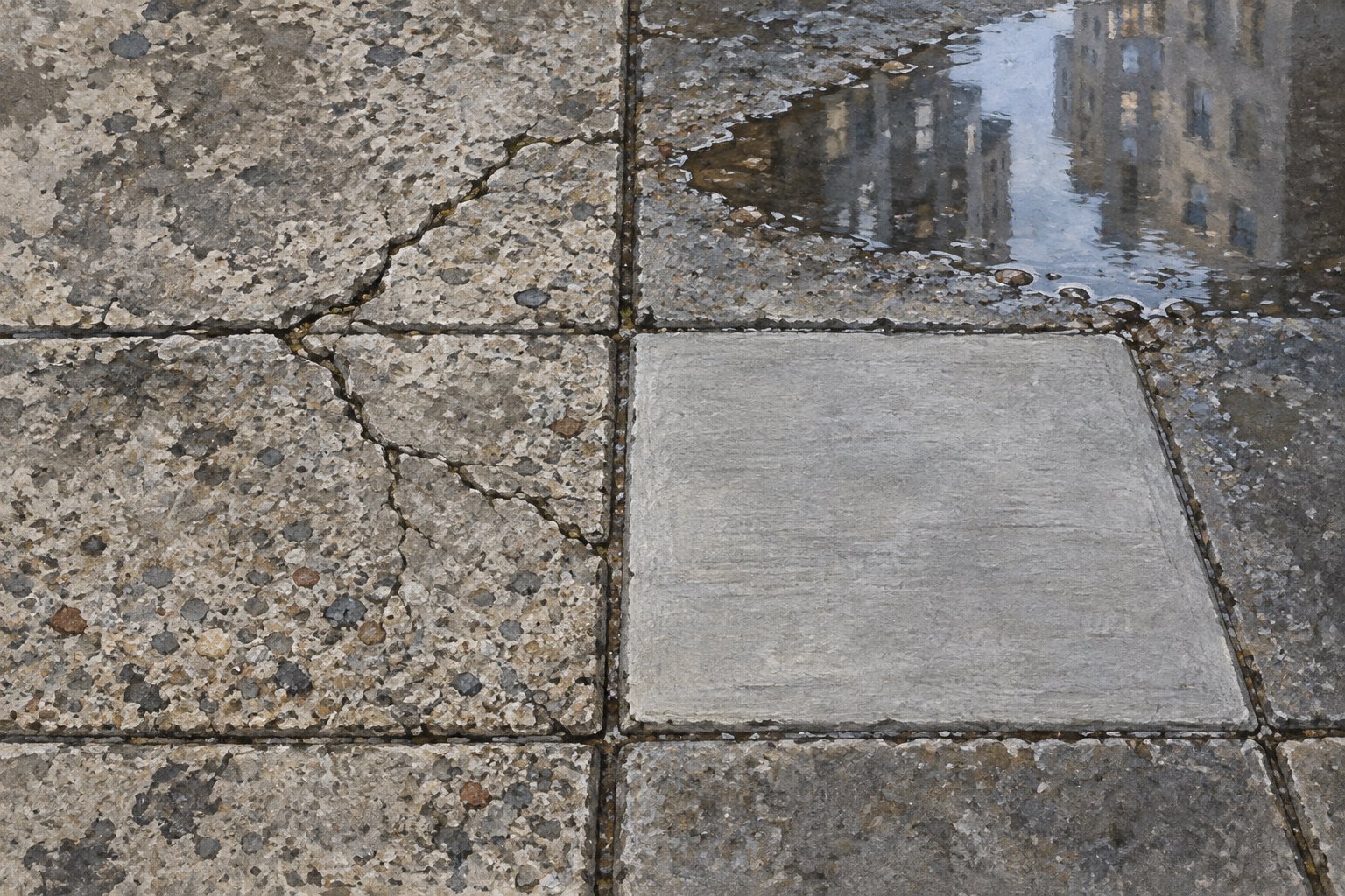 Editorial illustration of cracked concrete sidewalk slabs, a smooth repair, and a puddle reflecting city buildings.