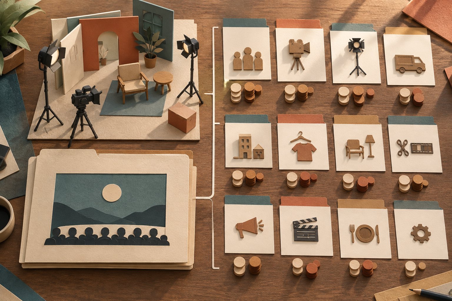 Overhead illustration of a miniature film set beside paper folders and wooden counters representing separate production expenses.