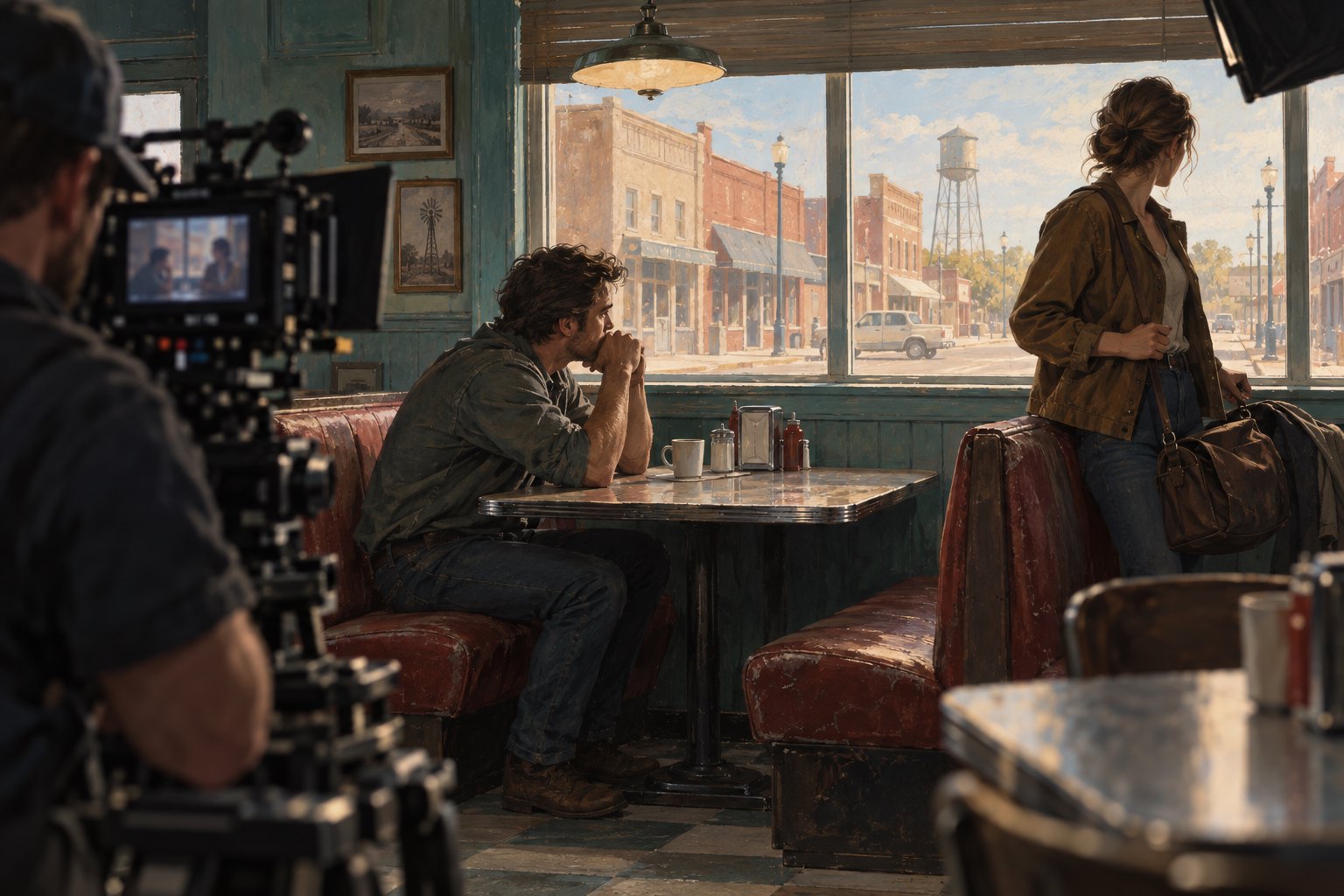 Conceptual illustration of a camera crew filming two performers beside a diner window overlooking a small-town street.