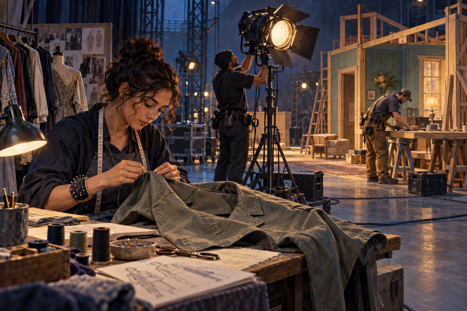 Illustration of a costume maker sewing a jacket while a lighting technician and carpenter work inside a soundstage.
