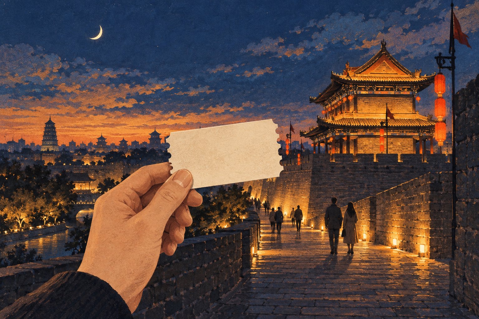 西安古城意象与手持电影票相结合的夜色概念插画,非活动现场实景