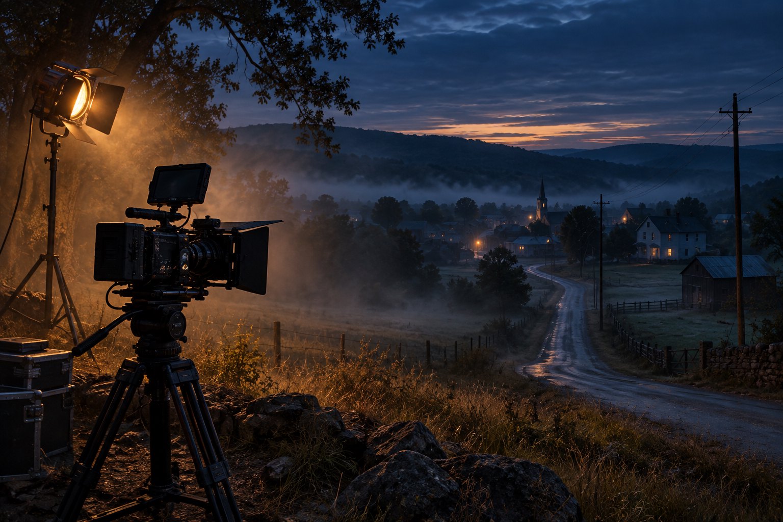 Conceptual illustration of a cinema camera overlooking a quiet rural road at dusk, with a production light illuminating mist.