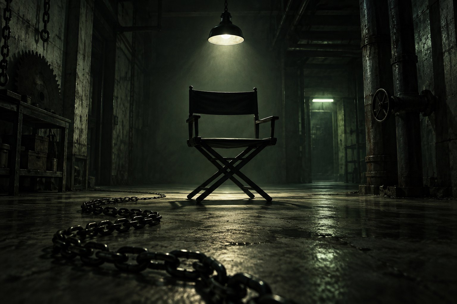 Conceptual illustration of an empty director’s chair beneath an industrial light, with chains across the concrete floor.