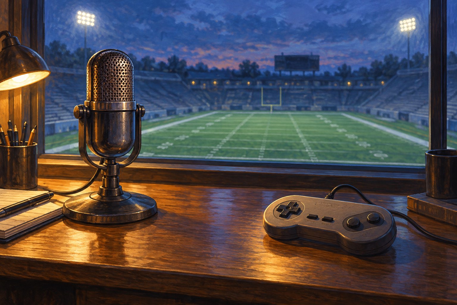 Painterly illustration of a vintage microphone and game controller on a broadcast booth desk overlooking a football field.