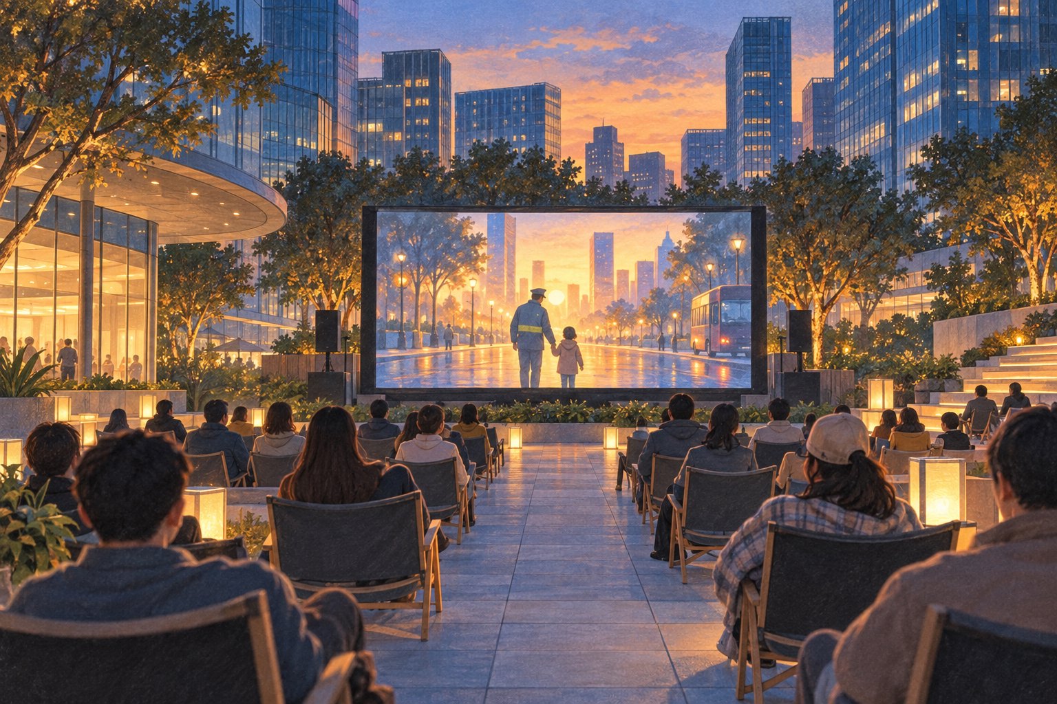 城市商务区黄昏露天观影场景概念插画,观众面向呈现日常守护画面的银幕,非活动实景