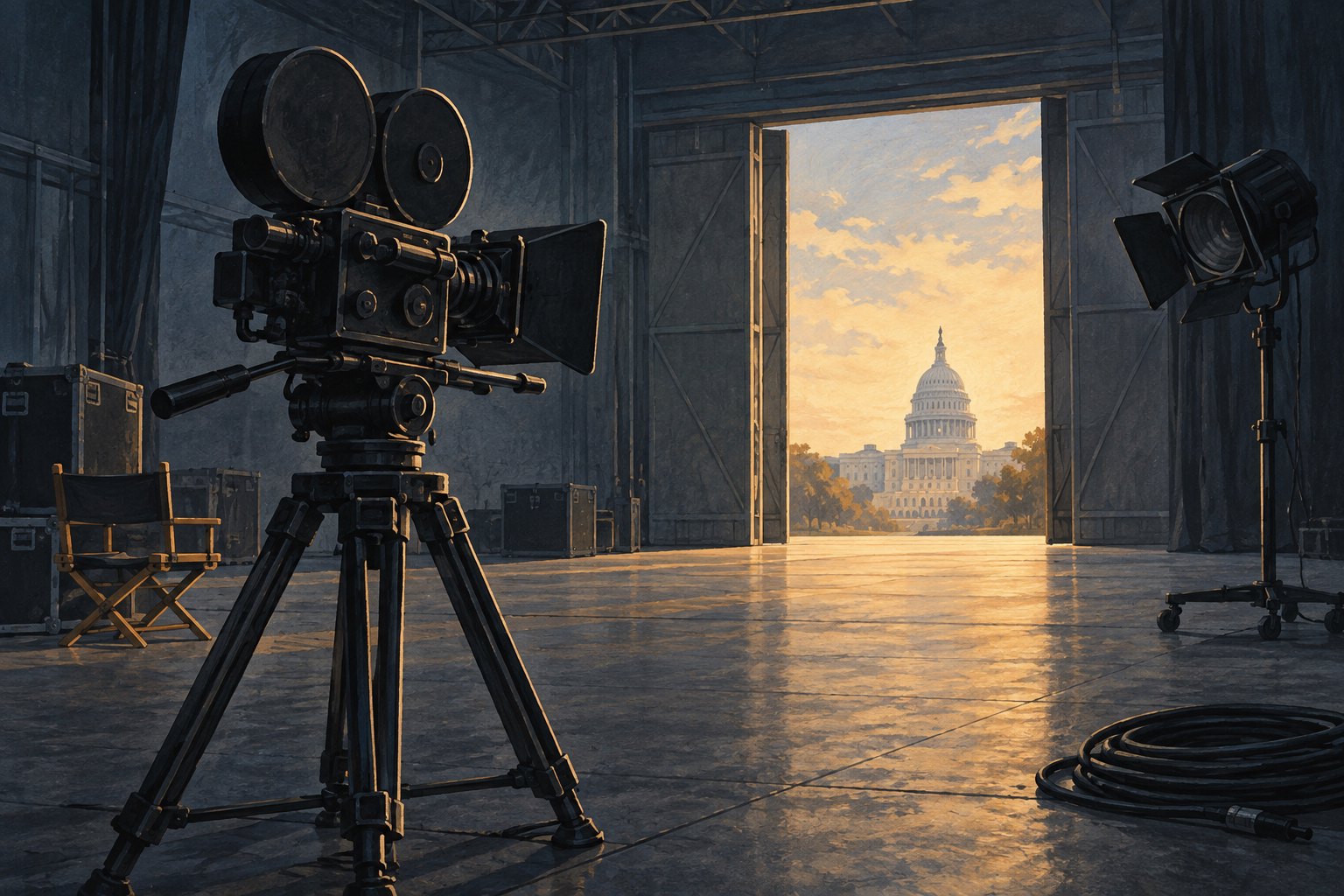 Illustration of a movie camera inside an empty soundstage with the U.S. Capitol visible through an open doorway.