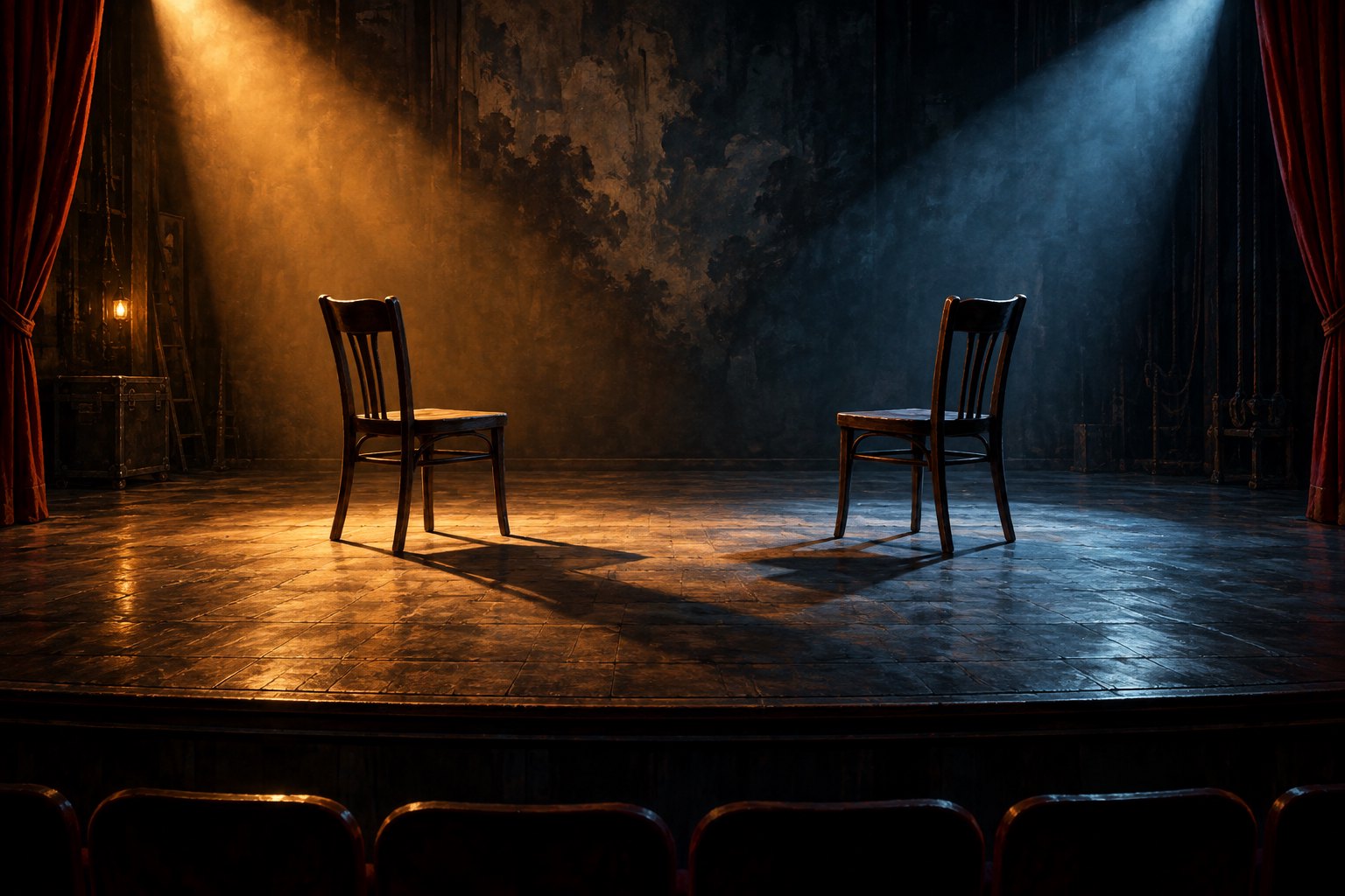 Conceptual illustration of two empty wooden chairs facing each other on a theater stage under amber and blue spotlights.