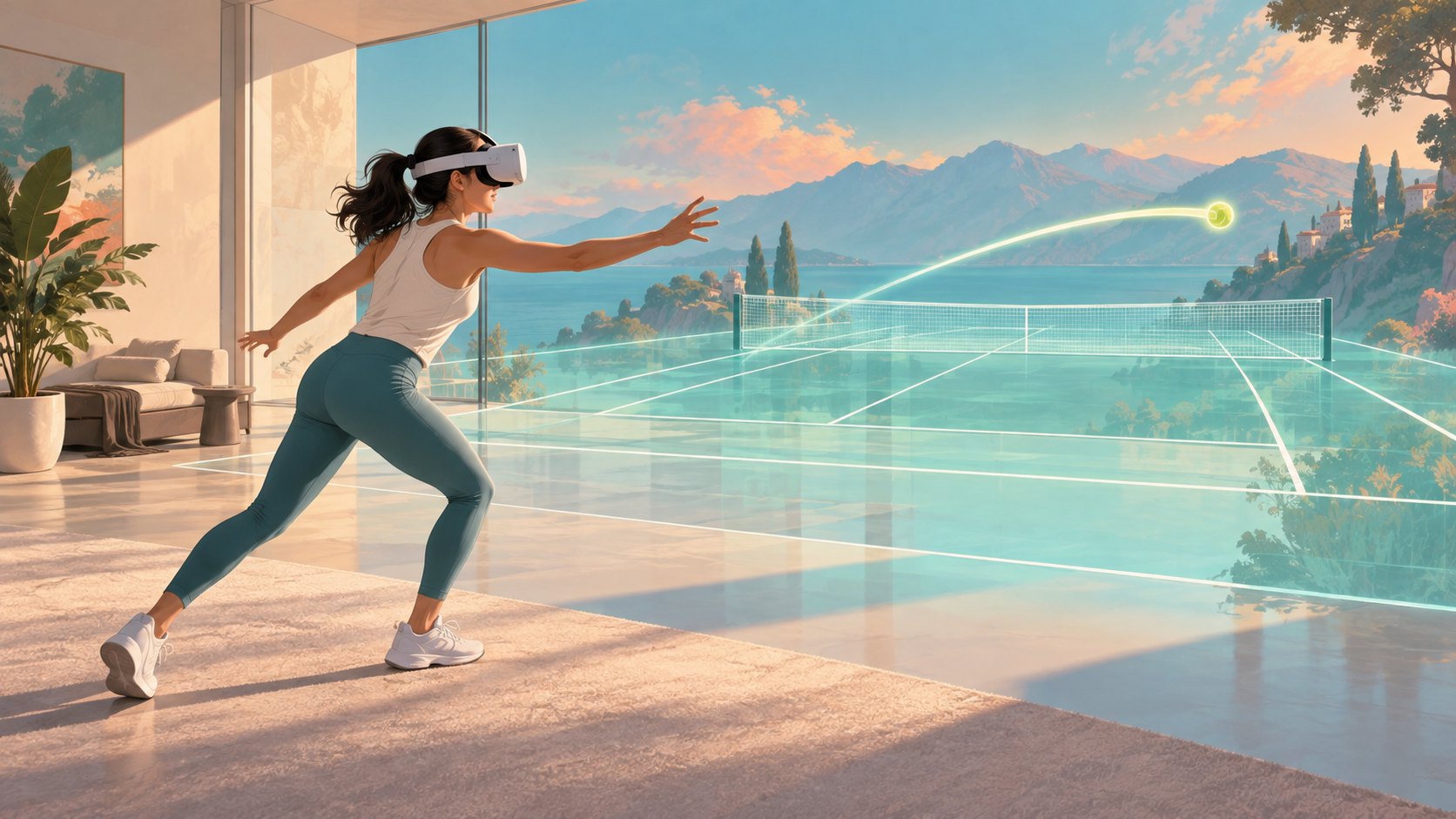 女性戴著無品牌VR頭戴裝置在寬敞室內伸展手臂,前方呈現想像中的網球場與球體軌跡概念插畫