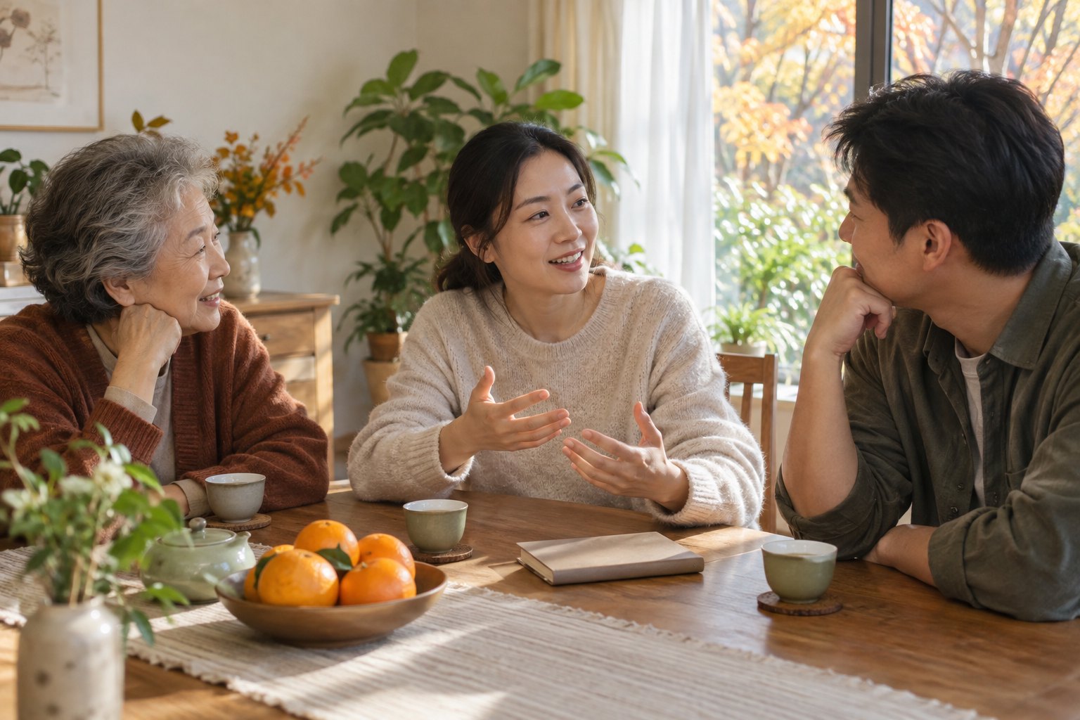 秋日下午,三位成年家人围坐餐桌喝茶,轻松交流观影感受