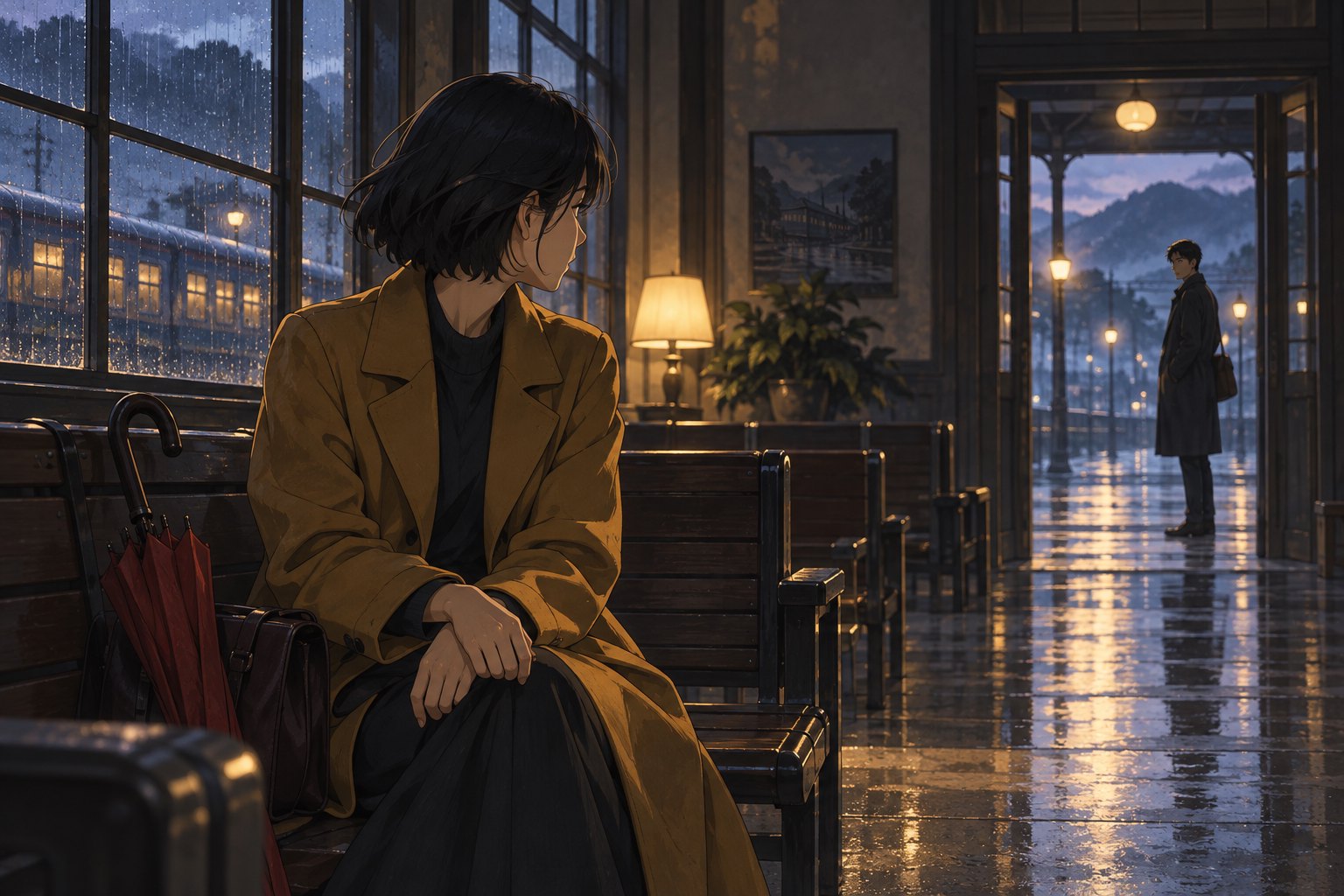 原创动画风格候车室场景:穿赭色外套的短发女子回望门口男子,雨夜冷光与室内暖光交织