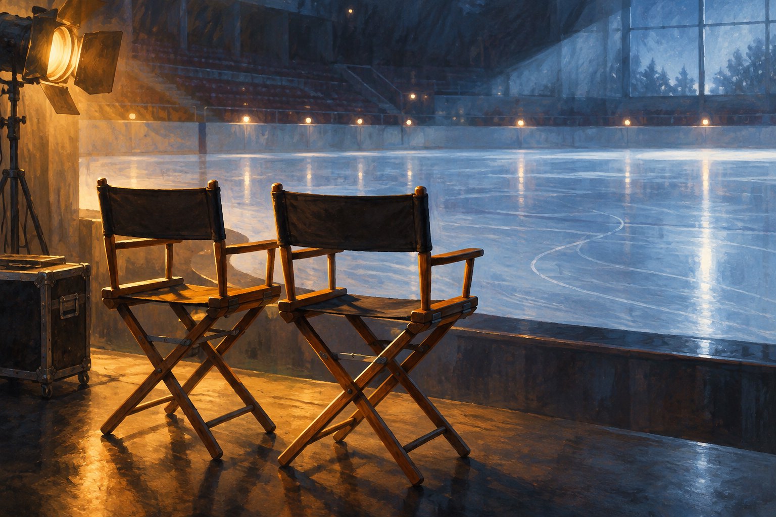 Conceptual illustration of two empty director chairs beside an ice rink under blue and amber light.