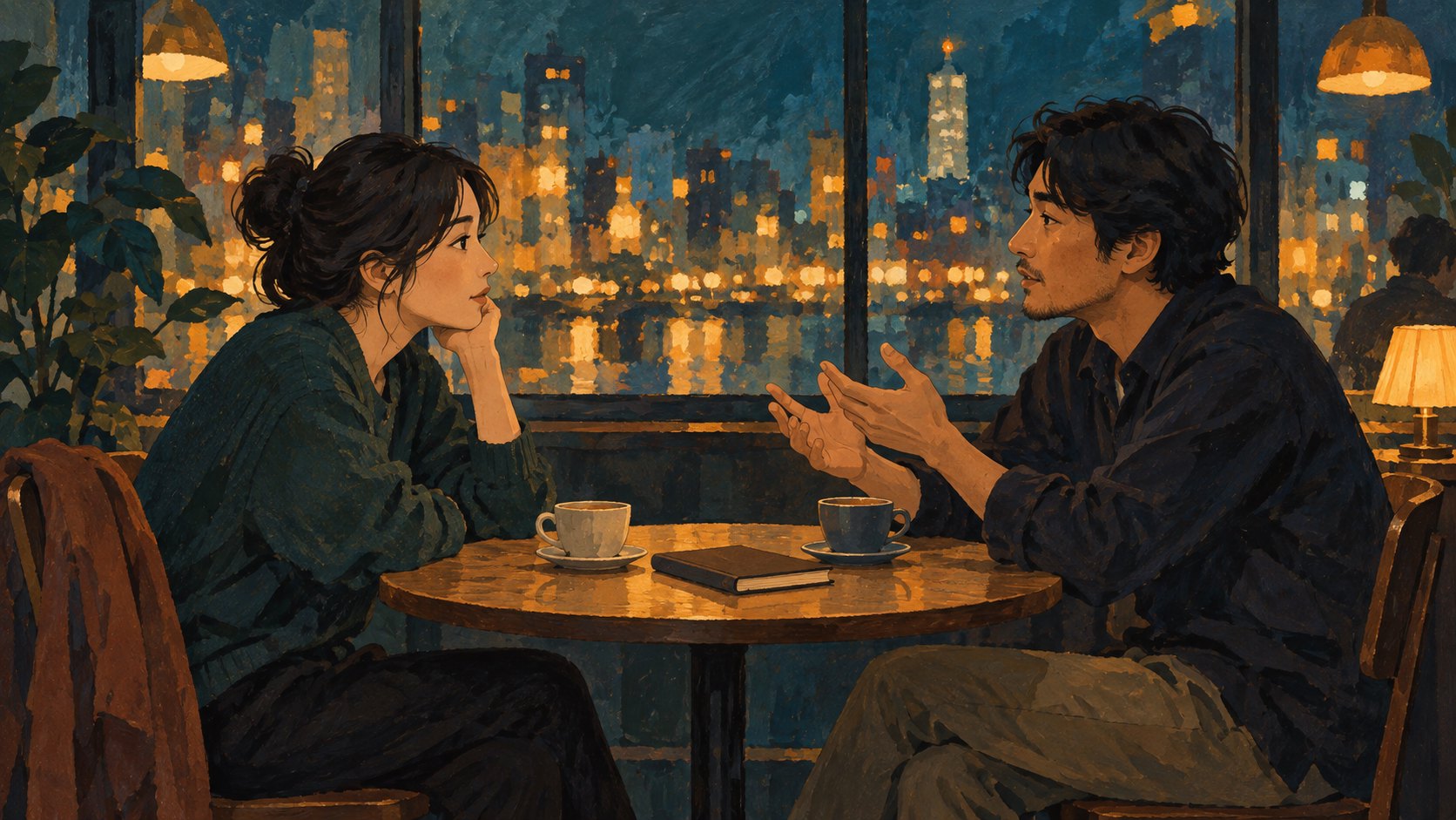 兩名觀眾在夜間咖啡館交流觀影感受的原創概念插畫,非《黑球》劇照