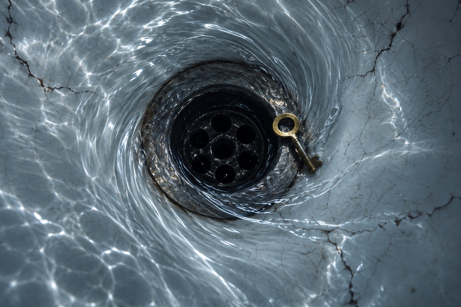 A brass key lies beside a dark bathtub drain as water swirls across cracked porcelain.