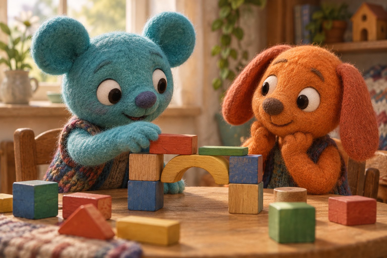 Conceptual illustration of two original felt puppets cooperating to build a wooden block bridge at a table.